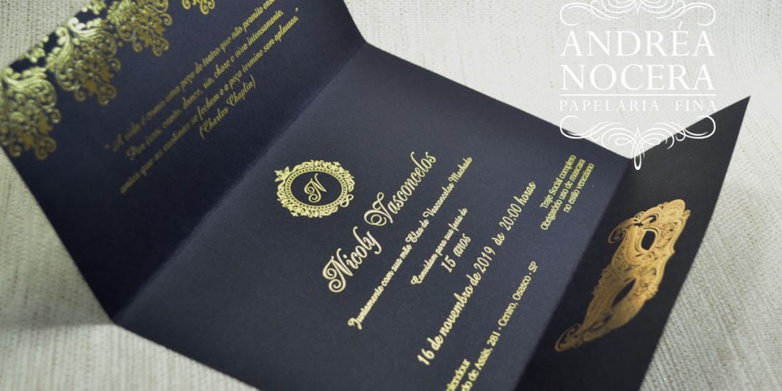 Convite de 15 anos com Máscara Preto e Dourado