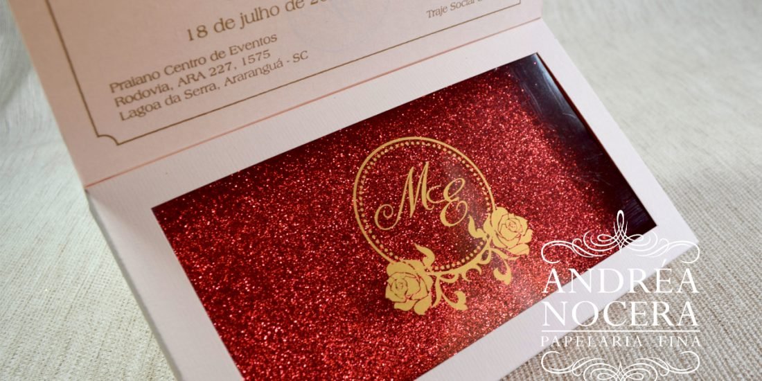 Convite de 15 anos Rosa, Dourado e Vermelho