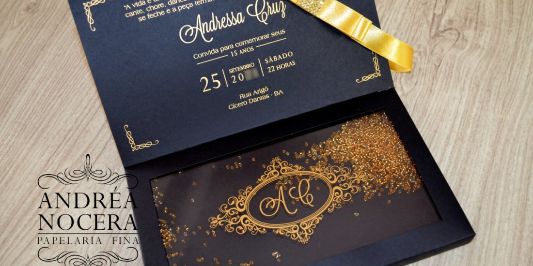 Convite 15 Anos Preto e Dourado