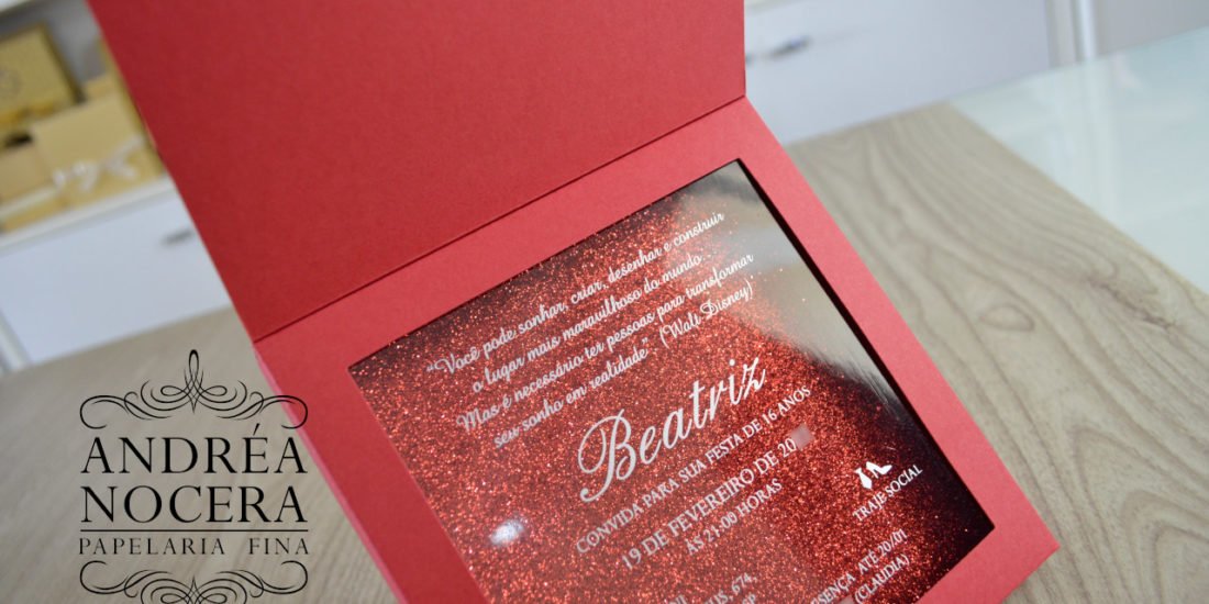 Convite de 15 anos Vermelho e Prata com Brilho