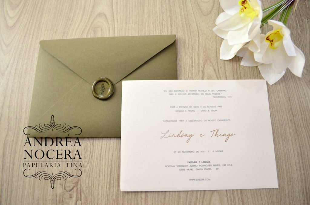 Convite de Casamento Verde e Branco com Lacre de Cera