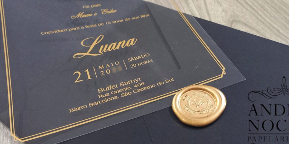 Convite 15 Anos Acetato Acrílico Preto com Lacre de Cera