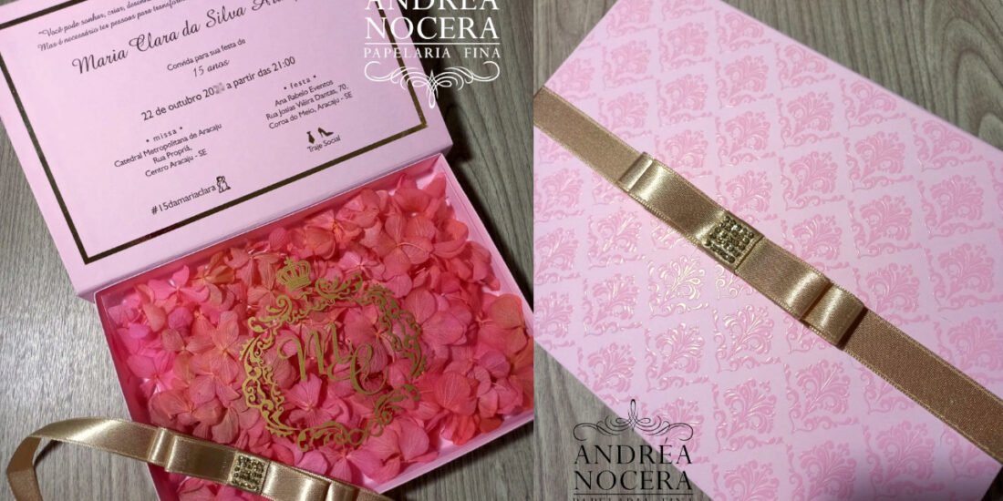 Convite de Debutante Caixa Rosa e Dourado