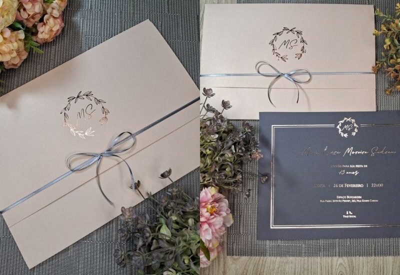 Convite 15 anos cores Chumbo e Rosa